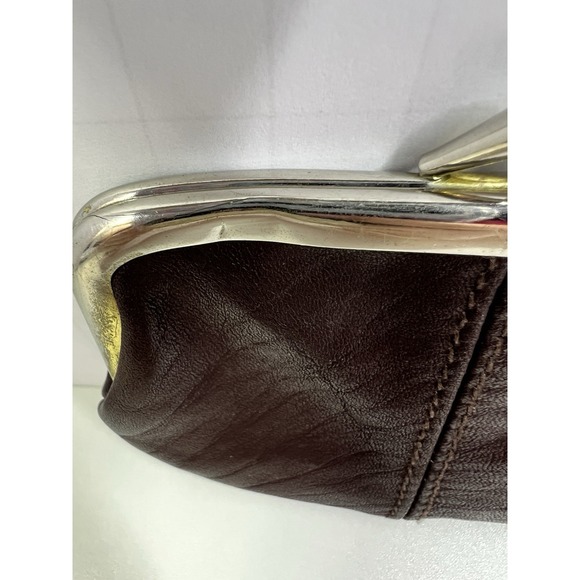 Vintage Brown Leather Kiss Lock Coin Purse Clutch Silver Frame 80s 90s - Picture 2 of 8